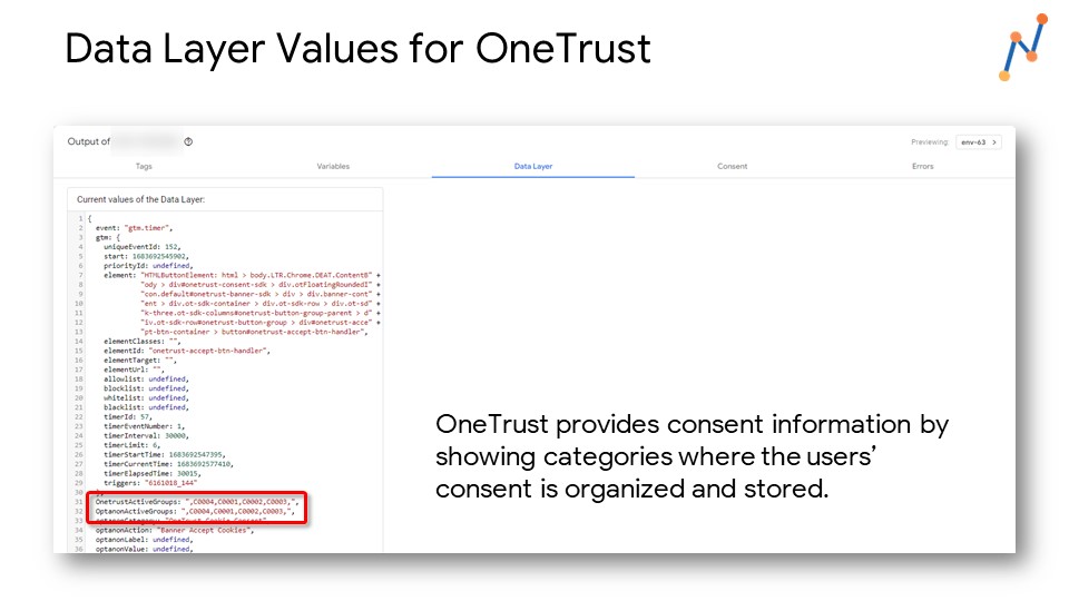OneTrust stellt Informationen über die Zustimmung zur Verfügung, indem es Kategorien anzeigt, in denen die Zustimmung der Nutzer organisiert und gespeichert ist.