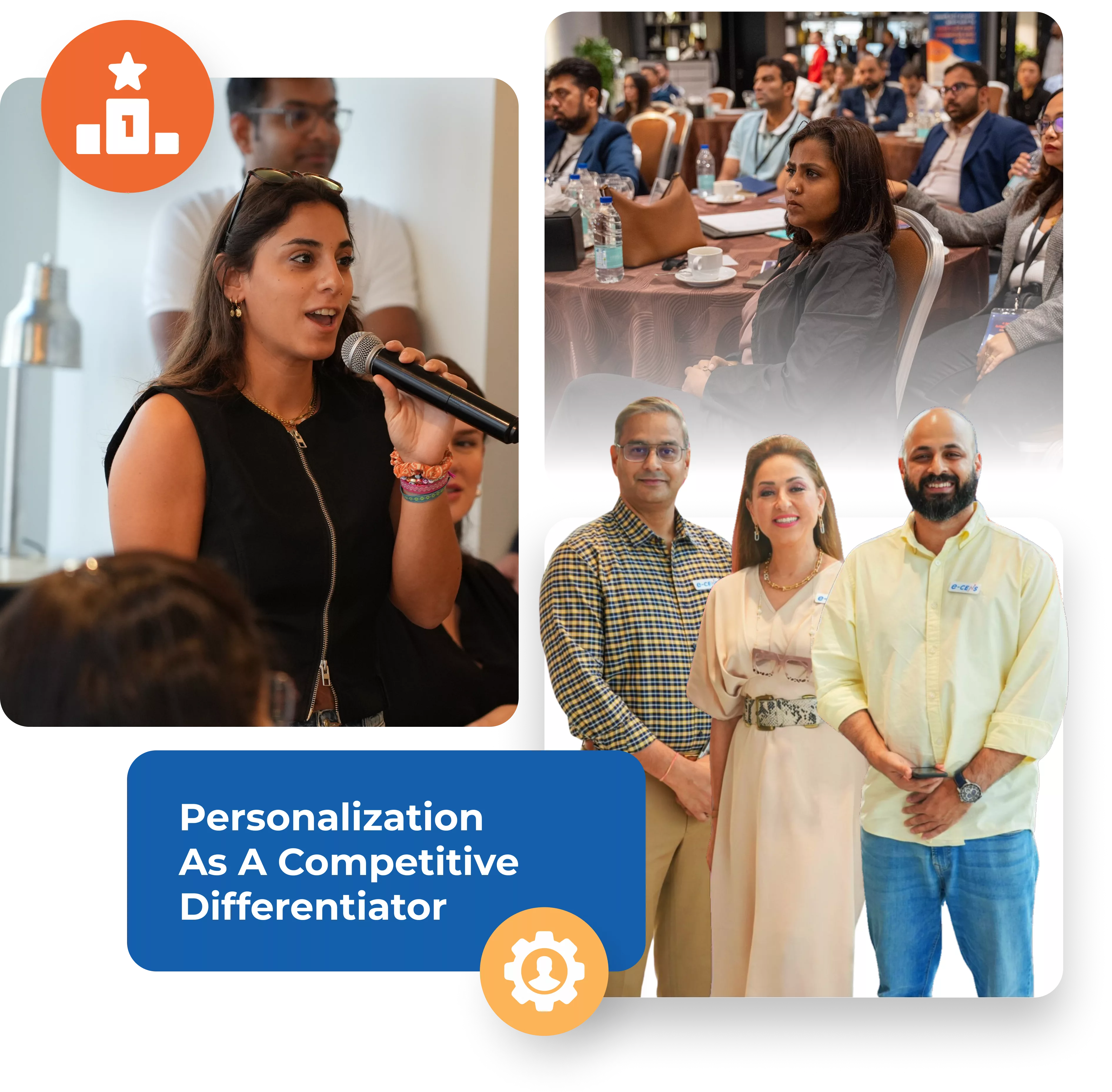 A conference setting featuring a speaker engaging with the audience, attendees listening attentively, and a group of professionals highlighting personalization as a competitive differentiator.