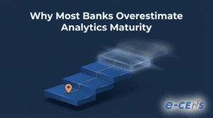 Five-level analytics maturity staircase for banking with a position marker at Level 1 showing the progression path toward higher maturity levels.